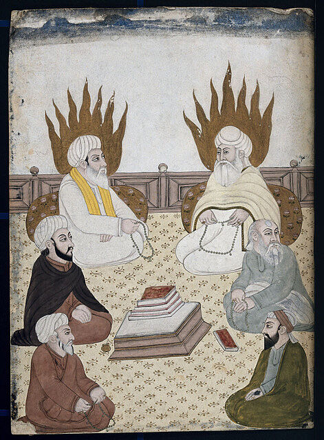 Sufi saints seated around holy scriptures. Gouache painting by an Indian painter. Wellcome Collection.