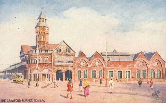 Alte Postkarte, betitelt The Crowford Market, Bombay
